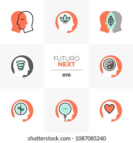 Modern flat icons set of mindfulness training, meditation practice. Unique color flat graphics elements with stroke lines. Premium quality vector pictogram concept for web, logo, branding, infographic