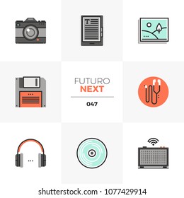 Modern flat icons set of multimedia device, photo camera, headphones. Unique color flat graphics elements, stroke lines. Premium quality vector pictogram concept for web, logo, branding, infographics.