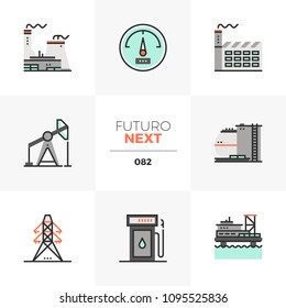 Modern Flat Icons Set Of Nuclear Power Plant, Offshore Oil Platform. Unique Color Flat Graphics Elements With Stroke Line. Premium Quality Vector Pictogram Concept For Web, Logo, Branding, Infographic