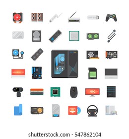 Modern flat icons set. PC components. Computer store. Assembling a Desktop Computer. Vector elements.