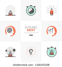 Modern flat icons set of present moment meditation practice, inner peace. Unique color flat graphics element stroke line. Premium quality vector pictogram concept for web, logo, branding, infographics