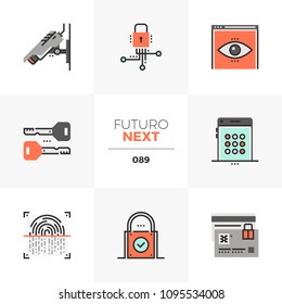 Modern flat icons set of privacy protection, surveillance security. Unique color flat graphics elements with stroke line. Premium quality vector pictogram concept for web, logo, branding, infographics