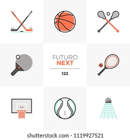 Modern flat icons set of professional sports equipment, various balls. Unique color flat graphics elements stroke lines. Premium quality vector pictogram concept for web, logo, branding, infographics.