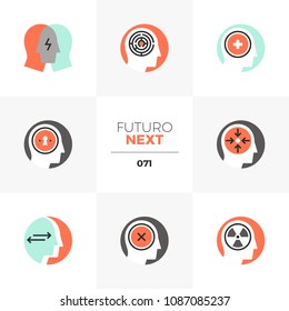 Modern flat icons set of psychological problem, intellectual treatment. Unique color flat graphics elements stroke lines. Premium quality vector pictogram concept for web, logo, branding, infographics