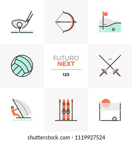 Modern flat icons set of recreational sports activity, outdoor sports. Unique color flat graphics elements stroke lines. Premium quality vector pictogram concept for web, logo, branding, infographics.