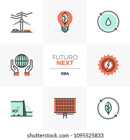 Modern flat icons set of renewable energy source, alternative energy. Unique color flat graphics elements stroke lines. Premium quality vector pictogram concept for web, logo, branding, infographics.