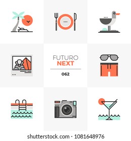 Modern flat icons set of resort vacation trip to seaside in summer. Unique color flat graphics elements with stroke lines. Premium quality vector pictogram concept for web, logo, branding, infographic