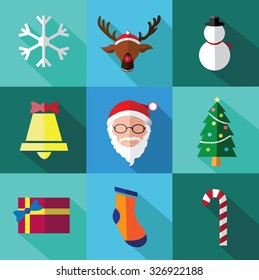 Modern flat icons set of Santa claus and Christmas Day with long shadow effect