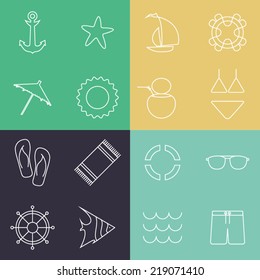 Modern flat  icons. Set of sea and summer signs and symbols. Travel ,tourism and vacation theme. Vector illustration.