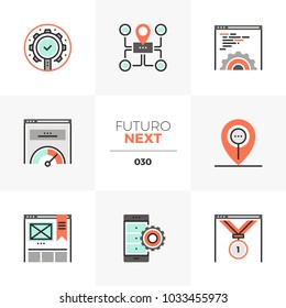 Modern flat icons set of search optimization tools, seo development. Unique color flat graphics elements with stroke lines Premium quality vector pictogram concept for web, logo, branding, infographic