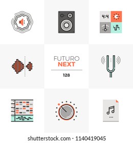 Moderne flache Icons für die Soundproduktion, digitale Audioproduktion. Einzigartige flache Grafikelemente mit Strichlinien. Premium-Vektorbild-Konzept für Web, Logo, Branding, Infografiken.