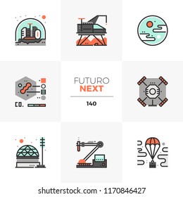 Modern flat icons set of space exploration, extraterrestrial life research. Unique color flat graphics elements with stroke lines. Premium quality vector pictogram concept for web, logo, infographics.