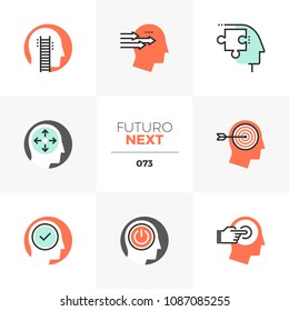 Modern flat icons set of success personality profile, positive thinking. Unique color flat graphics elements stroke lines. Premium quality vector pictogram concept for web, logo, branding, infographic