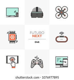 Modern flat icons set of modern technology gadgets for entertainment. Unique color flat graphics elements, stroke lines. Premium quality vector pictogram concept for web, logo, branding, infographics.