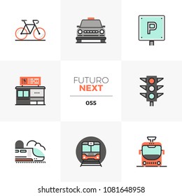 Modern flat icons set of various city transport, commute transportation. Unique color flat graphics elements stroke lines. Premium quality vector pictogram concept for web, logo, branding, infographic