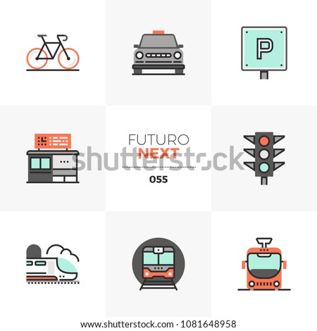 Modern flat icons set of various city transport, commute transportation. Unique color flat graphics elements stroke lines. Premium quality vector pictogram concept for web, logo, branding, infographic