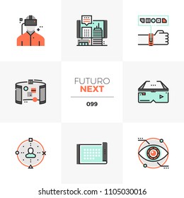 Modern flat icons set of virtual reality headset, future technology. Unique color flat graphics elements stroke lines. Premium quality vector pictogram concept for web, logo, branding, infographics.