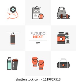 Modern flat icons set of weight lifting, sports nutrition container. Unique color flat graphics elements stroke lines. Premium quality vector pictogram concept for web, logo, branding, infographics.