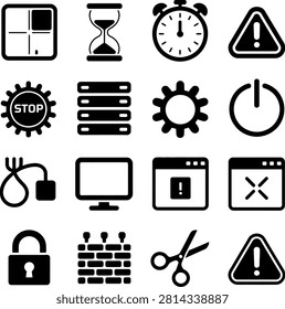 Modern Flat Icons Showing Computer System Status and Security Alerts with Timers and Warnings