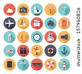 Modern flat icons vector collection with long shadow effect in stylish colors of traveling, tourism and vacation theme. Isolated on white background.