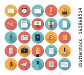 Modern flat icons vector collection with long shadow effect in stylish colors of  business elements, office equipment and marketing items. Isolated on white background.  