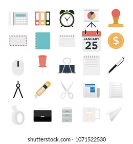 Modern flat icons vector collection in stylish colors of business elements, office equipment and marketing items. Isolated on white background. 