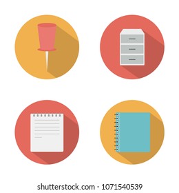 Modern flat icons vector collection in stylish colors of business elements, office equipment and marketing items. Isolated on white background. 