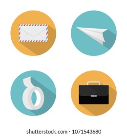 Modern flat icons vector collection in stylish colors of business elements, office equipment and marketing items. Isolated on white background. 