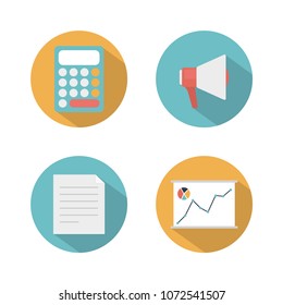 Modern flat icons vector collection with long shadow effect in stylish colors of web design objects, business, office and marketing items. Isolated on white background. 