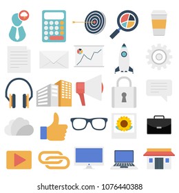 Modern flat icons vector collection in stylish colors of web design objects, business, office and marketing items. Isolated on white background. 