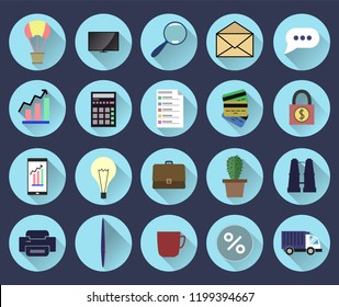 Modern flat icons vector collection in 
stylish colors of web design objects, business, 
office and marketing items with long shadow effect. Isolated on blue background.