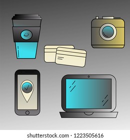Modern flat icons vector collection with gradient fill  in stylish colors, Cup of coffee, credit card, phone, maps and photo