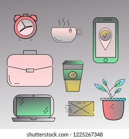 Modern flat icons vector collection with gradient fill  in stylish colors of  business elements, office equipment and marketing items