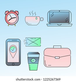 Modern flat icons vector collection with gradient fill  in stylish colors of  business elements, office equipment and marketing items