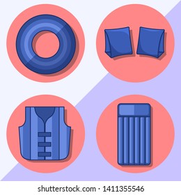 Modern flat icons vector collection with shadow effect. Isolated on colored background. Inflatable vest, mattress, lifebuoy and armbands. Summer theme.