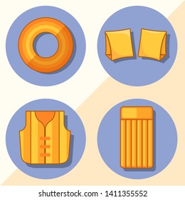 Modern flat icons vector collection with shadow effect. Isolated on colored background. Inflatable vest, mattress, lifebuoy and armbands. Summer theme.