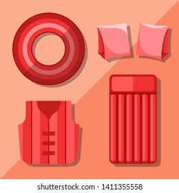 Modern flat icons vector collection with shadow effect. Isolated on colored background. Inflatable vest, mattress, lifebuoy and armbands. Summer theme.