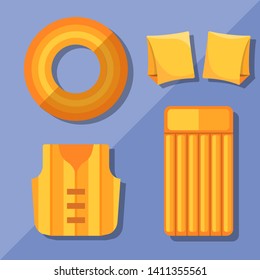 Modern flat icons vector collection with shadow effect. Isolated on colored background. Inflatable vest, mattress, lifebuoy and armbands. Summer theme.