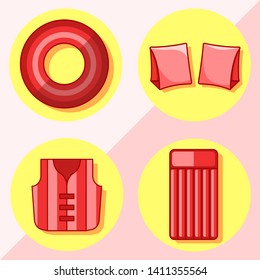 Modern flat icons vector collection with shadow effect. Isolated on colored background. Inflatable vest, mattress, lifebuoy and armbands. Summer theme.