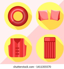 Modern flat icons vector collection with shadow effect. Isolated on colored background. Inflatable vest, mattress, lifebuoy and armbands. Summer theme.