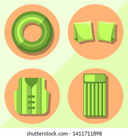 Modern flat icons vector collection with shadow effect. Isolated on colored background. Inflatable vest, mattress, lifebuoy and armbands. Summer theme.