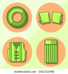 Modern flat icons vector collection with shadow effect. Isolated on colored background. Inflatable vest, mattress, lifebuoy and armbands. Summer theme.