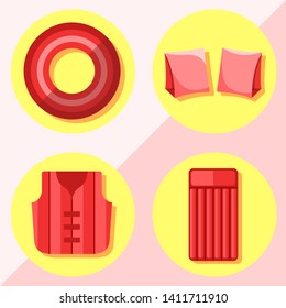 Modern flat icons vector collection with shadow effect. Isolated on colored background. Inflatable vest, mattress, lifebuoy and armbands. Summer theme.