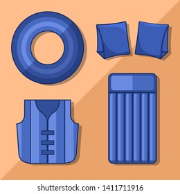 Modern flat icons vector collection with shadow effect. Isolated on colored background. Inflatable vest, mattress, lifebuoy and armbands. Summer theme.