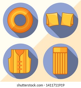 Modern flat icons vector collection with shadow effect. Isolated on colored background. Inflatable vest, mattress, lifebuoy and armbands. Summer theme.