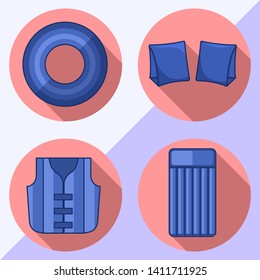 Modern flat icons vector collection with shadow effect. Isolated on colored background. Inflatable vest, mattress, lifebuoy and armbands. Summer theme.