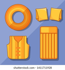 Modern flat icons vector collection with shadow effect. Isolated on colored background. Inflatable vest, mattress, lifebuoy and armbands. Summer theme.