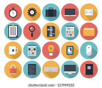 Modern flat icons vector collection with long shadow effect in stylish colors of web design objects, interface elements, business and office items.  Isolated on white background.  