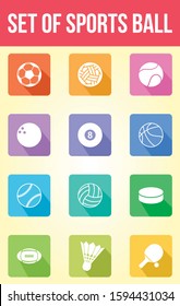 Modern flat icons vector collection / set all sports ball with long shadow effect.square flat. sports ball Isolated on gradient background.flat design.web mobile app 