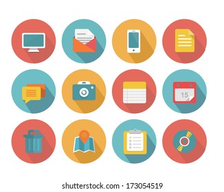 Modern flat icons vector collection with long shadow effect in stylish colors of web design objects, business, office and marketing items. Isolated on white background.